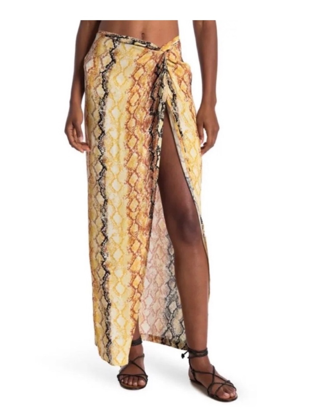 L*Space- Yellow Snake-Print Tie-Front Maxi Skirt-Med